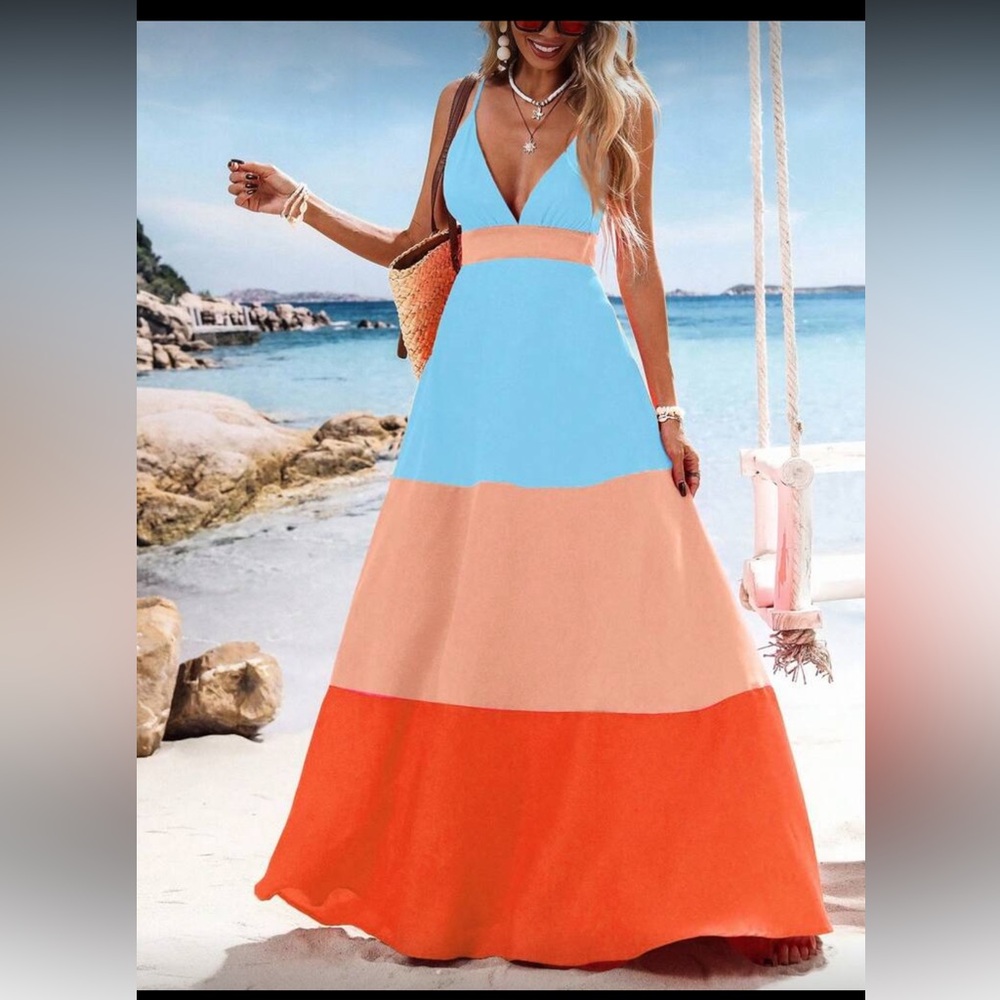 Color Block Maxi Dress - Blue, Peach, and Orange